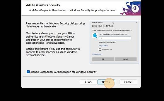 Screenshot of: Make sure check the box 'Include GateKeeper Authentication for Windows Security.'