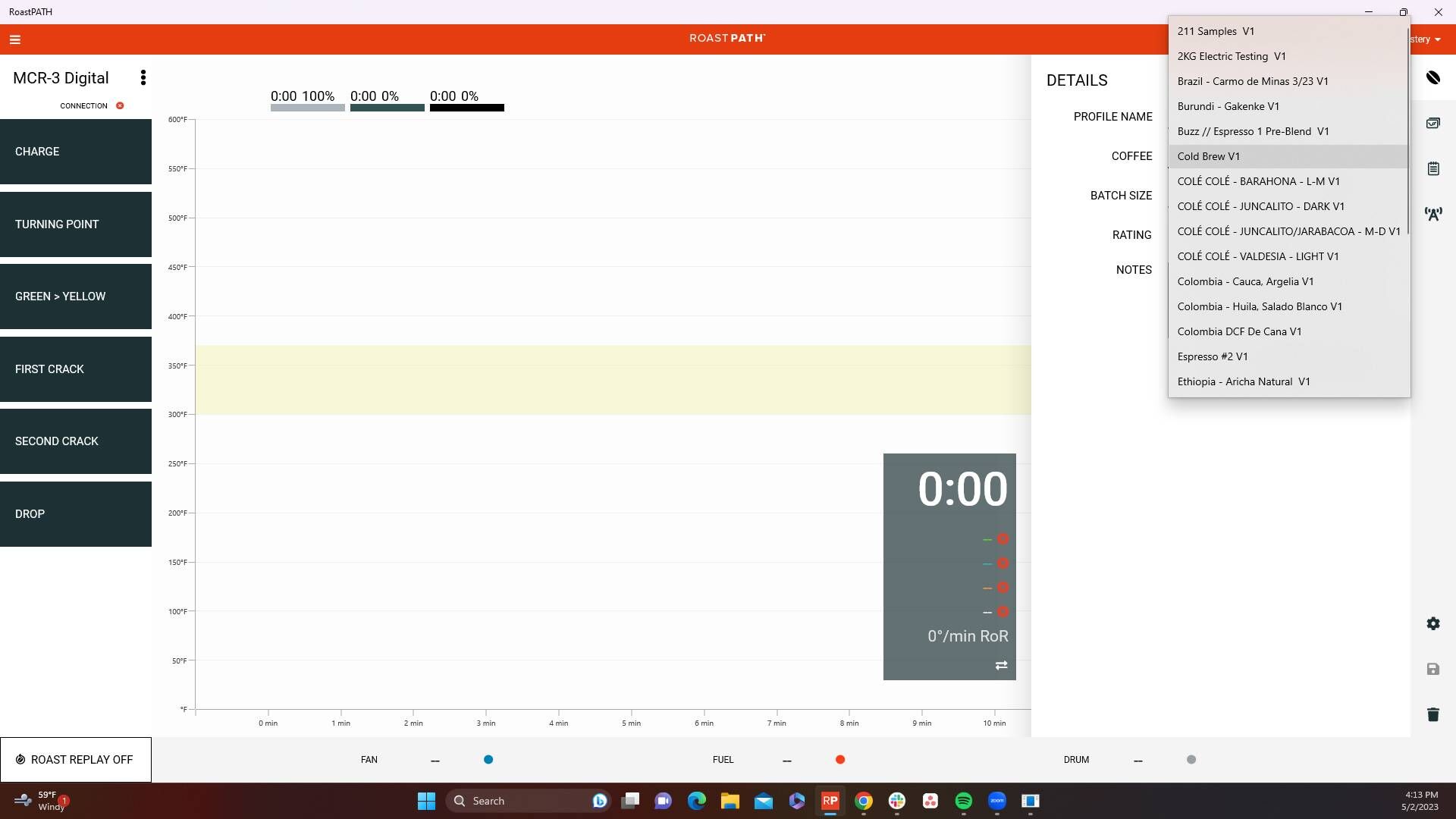 Screenshot of: Select the Coffee you are about to roast from the list of your Organization's Coffees