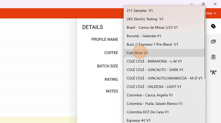 Screenshot of: Select the Coffee you are about to roast from the list of your Organization's Coffees