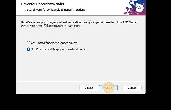 Screenshot of: If you have a fingerprint reader, click yes and next.