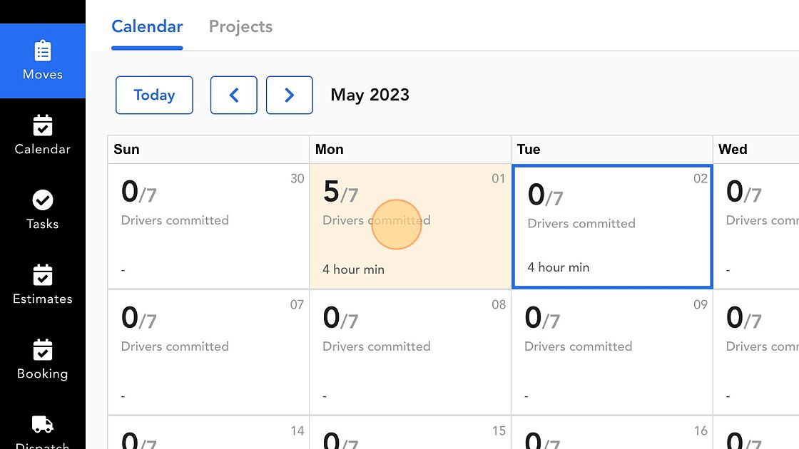 Screenshot of: Next time you click on Moves > Calendar, you will notice that the tile turns yellow when the drivers committed for a job exceed 70% of drivers available, and red when the drivers committed reach 90%. 