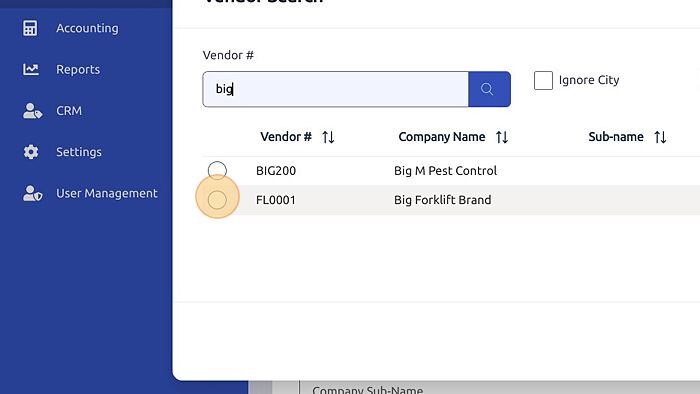 Screenshot of: Click your vendor.