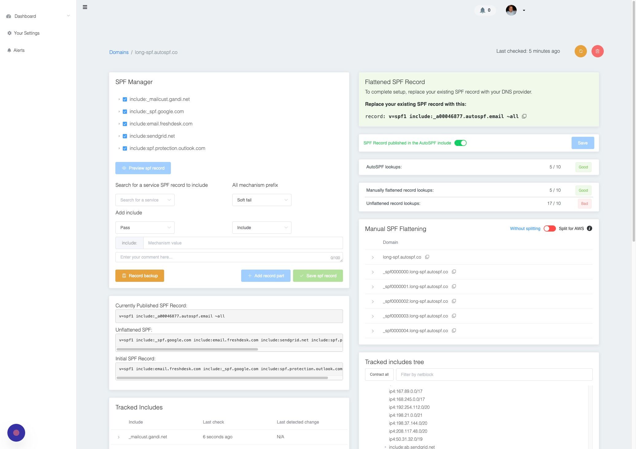 Screenshot of: Click "Manual SPF Flattening
Without splitting
Split for AWS"