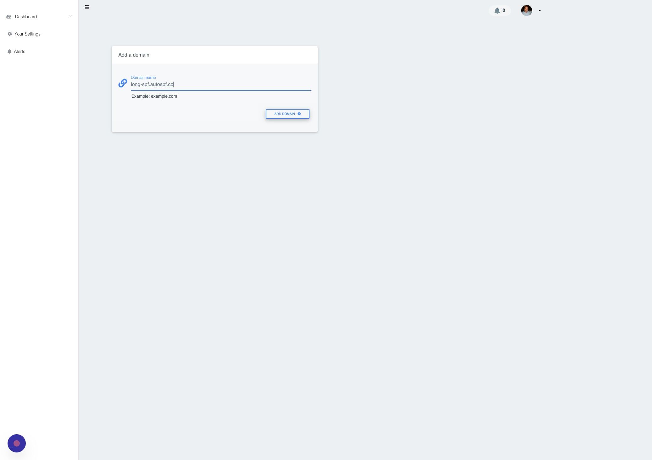 Screenshot of: Click "ADD DOMAIN"