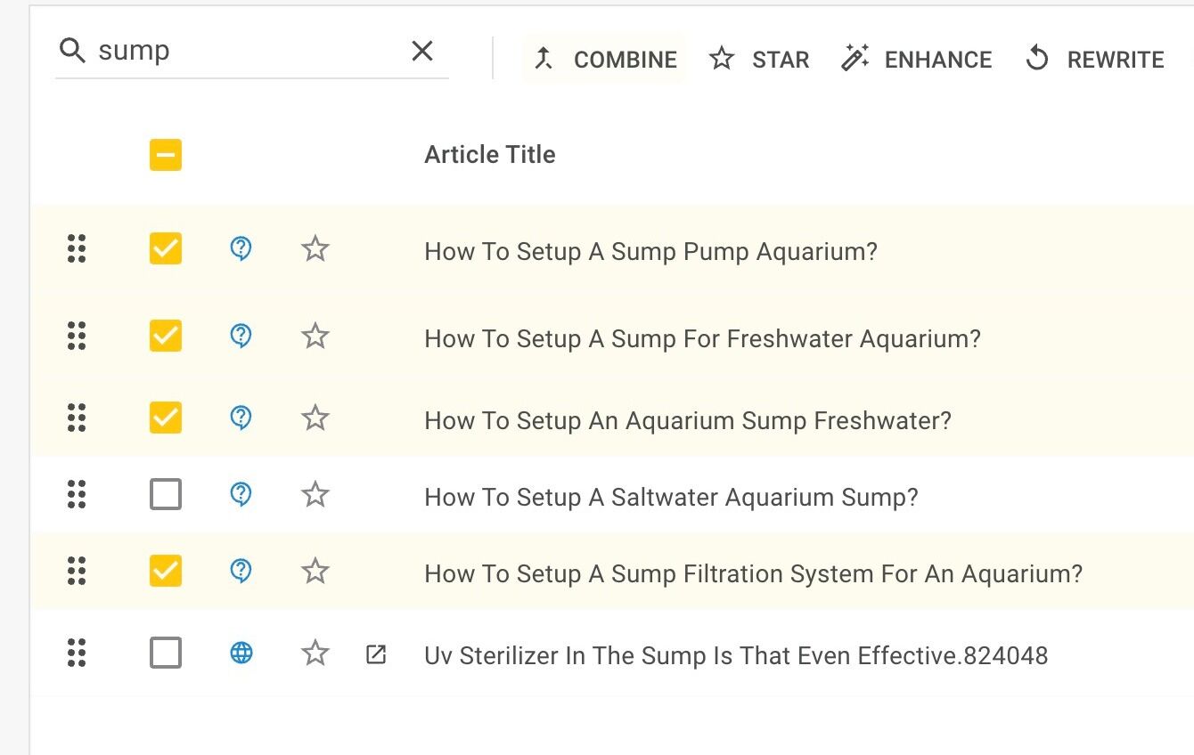 Screenshot of: Once you have selected all the articles you want to combine, go to the top of the article list and click on the "Combine" button.