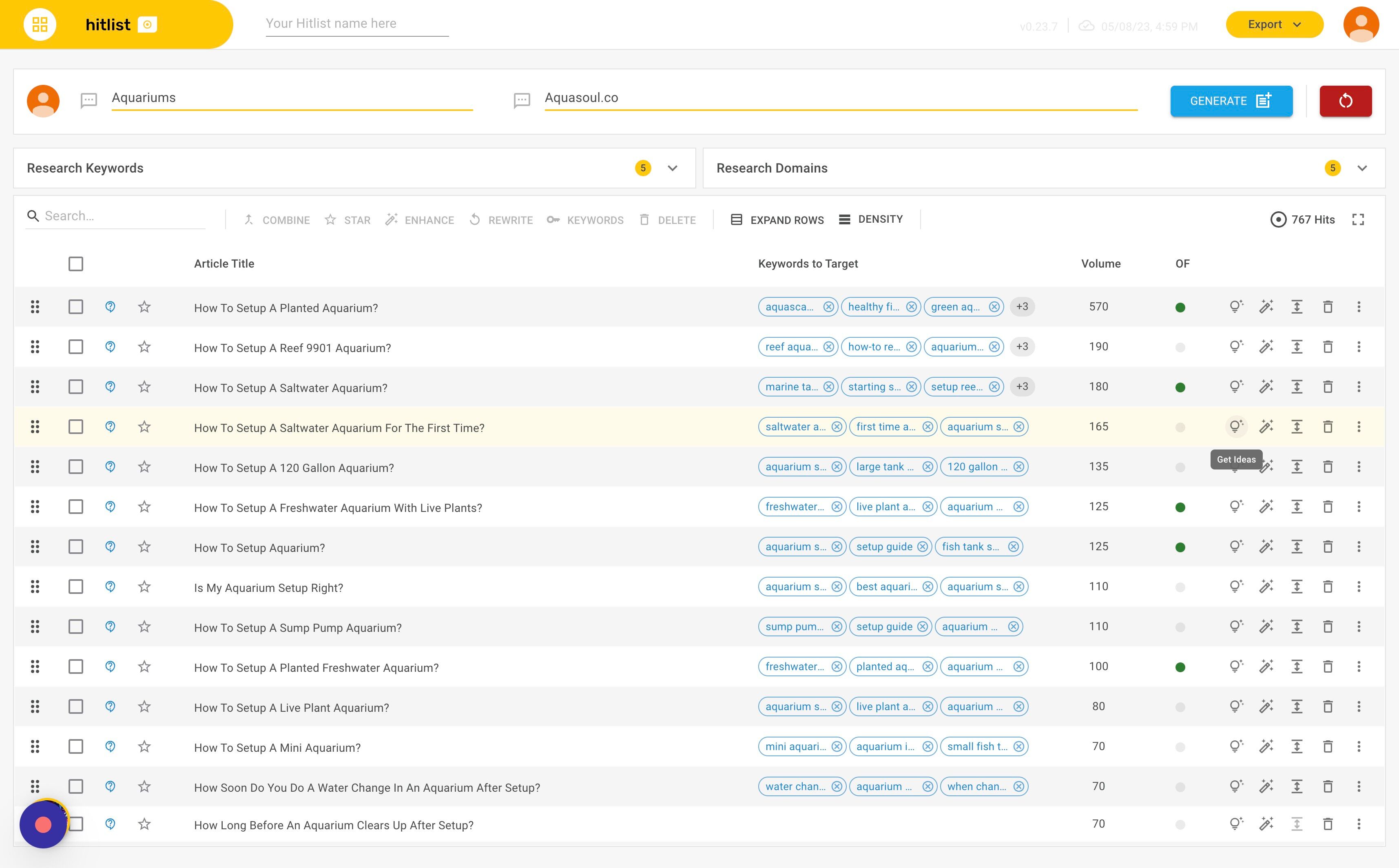 Screenshot of: Click the "Get Ideas" icon on the right hand side of the individual article you would like to add more keywords to.