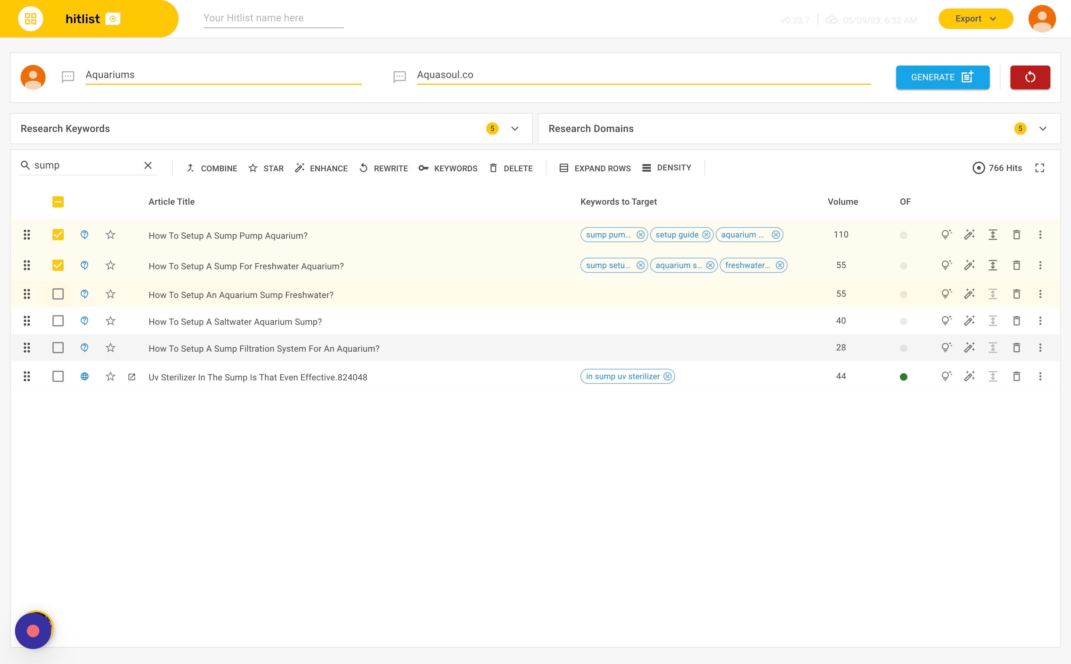 Screenshot of: Use the checkboxes on the left-hand side of each article to select the ones you want to combine.