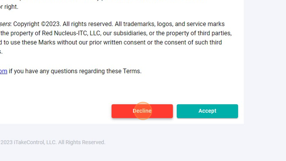 Screenshot of: If either the Terms of Use or Privacy Policy are declined the user or participant will be unable to complete registration and use the system.