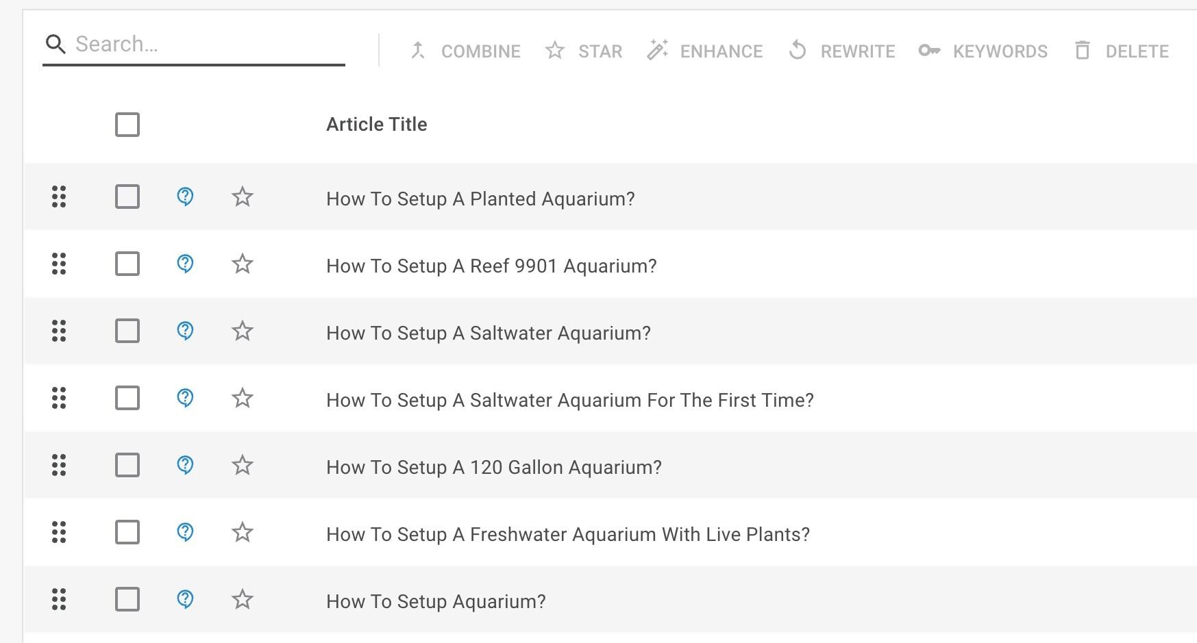 Screenshot of: To make it easier, you might like to search for the articles, do this by clicking into the "Search…" field.