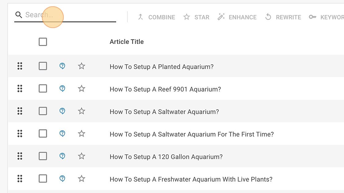 Screenshot of: To make it easier, you might like to search for the articles, do this by clicking into the "Search…" field.