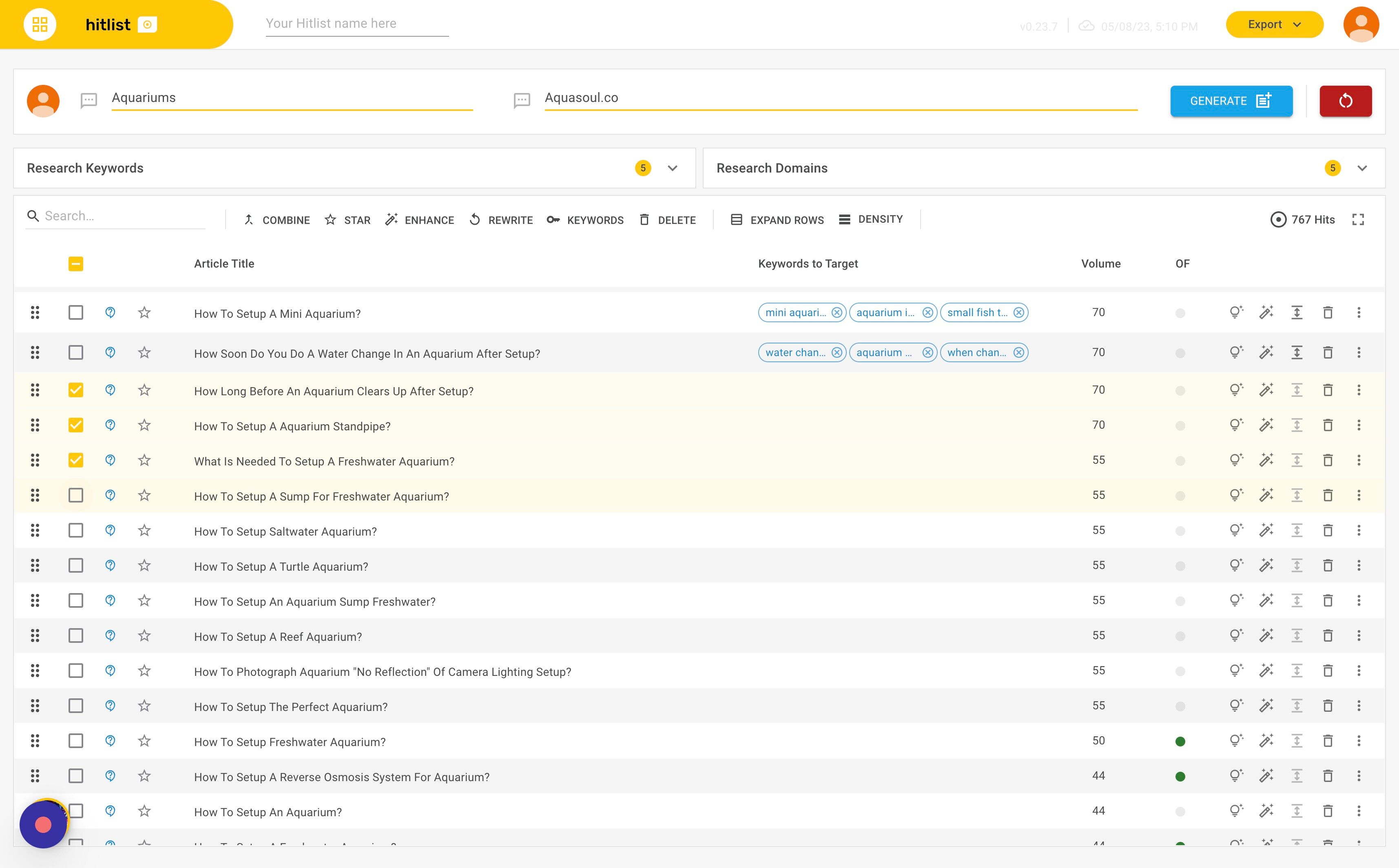 Screenshot of: Click on the checkbox next to each article you would like to get keywords for. The checkbox will highlight.
