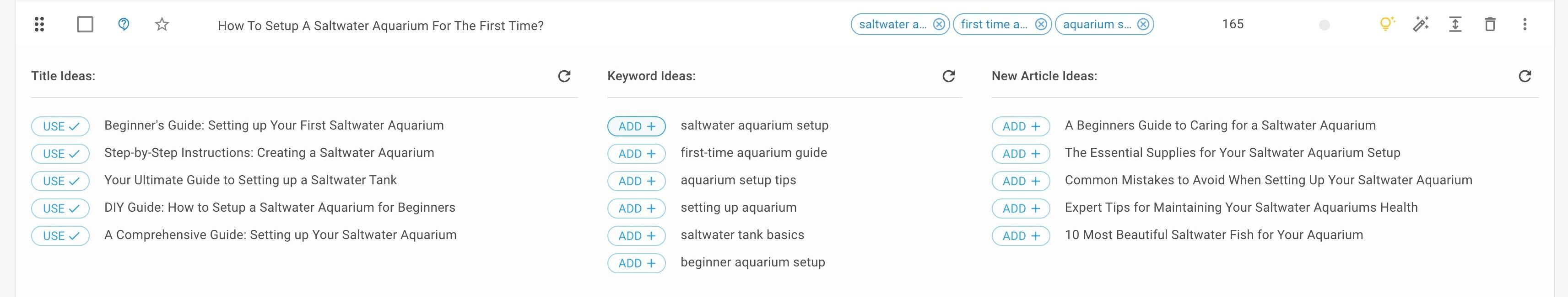 Screenshot of: The Ideas panel will open beneath the article. Click the "Add +" button next to the individual keywords you would like to add.