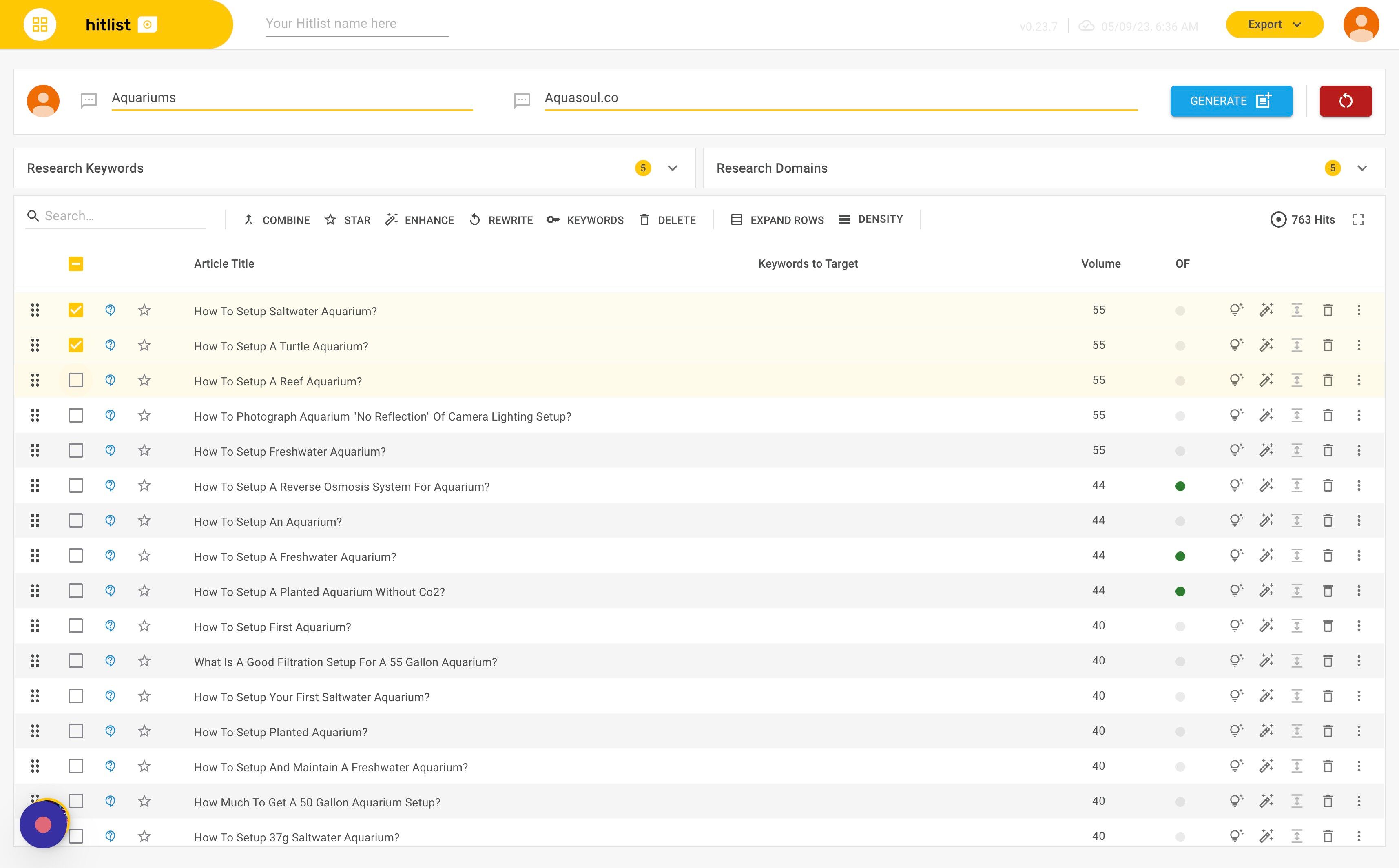 Screenshot of: Use the checkboxes on the left-hand side of each row to select the article title you would like rewritten.