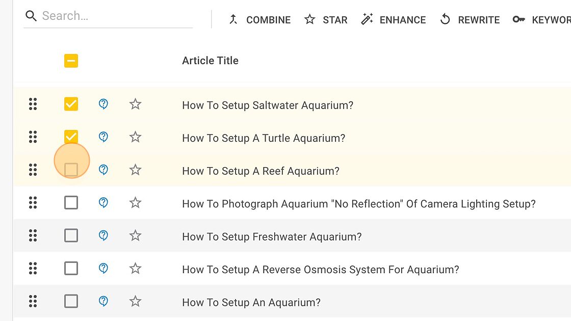 Screenshot of: Use the checkboxes on the left-hand side of each row to select the article title you would like rewritten.