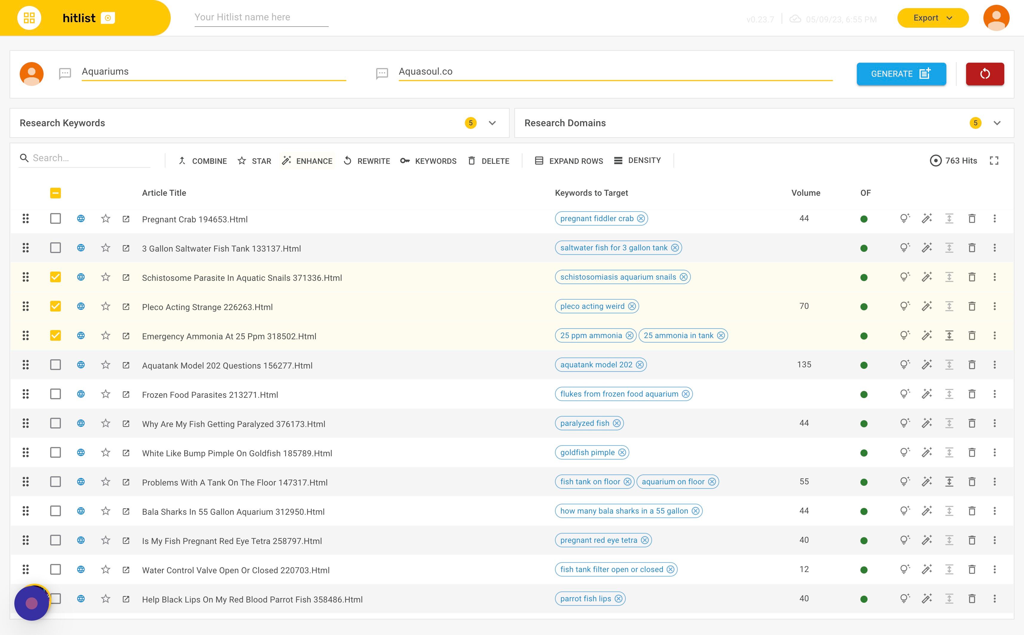 Screenshot of: Click the "ENHANCE" button in the toolbar at the top of the article list.