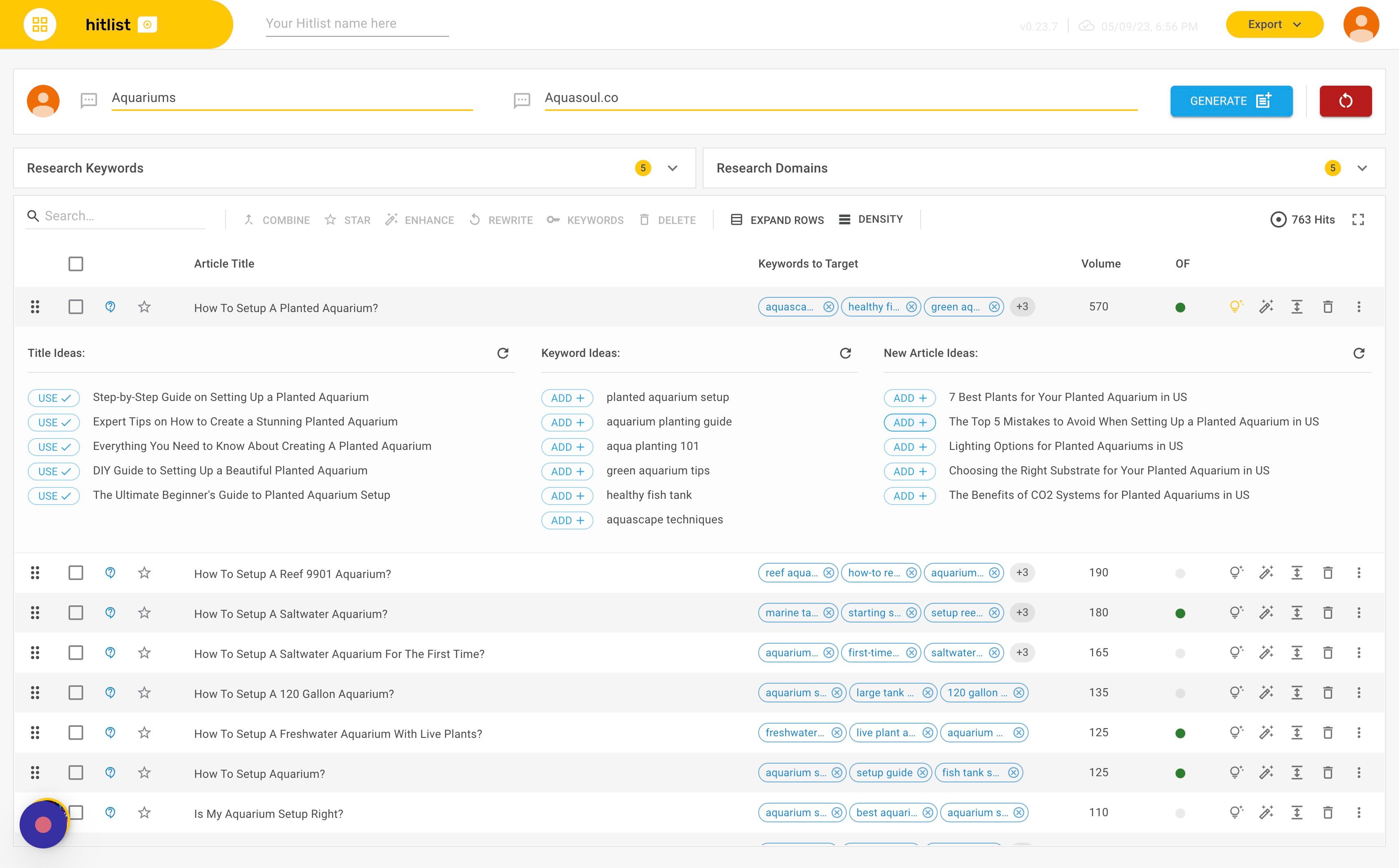 Screenshot of: The article will expand and hitlist.ai will show new article ideas. To add an article idea to your hitlist, click "ADD +".