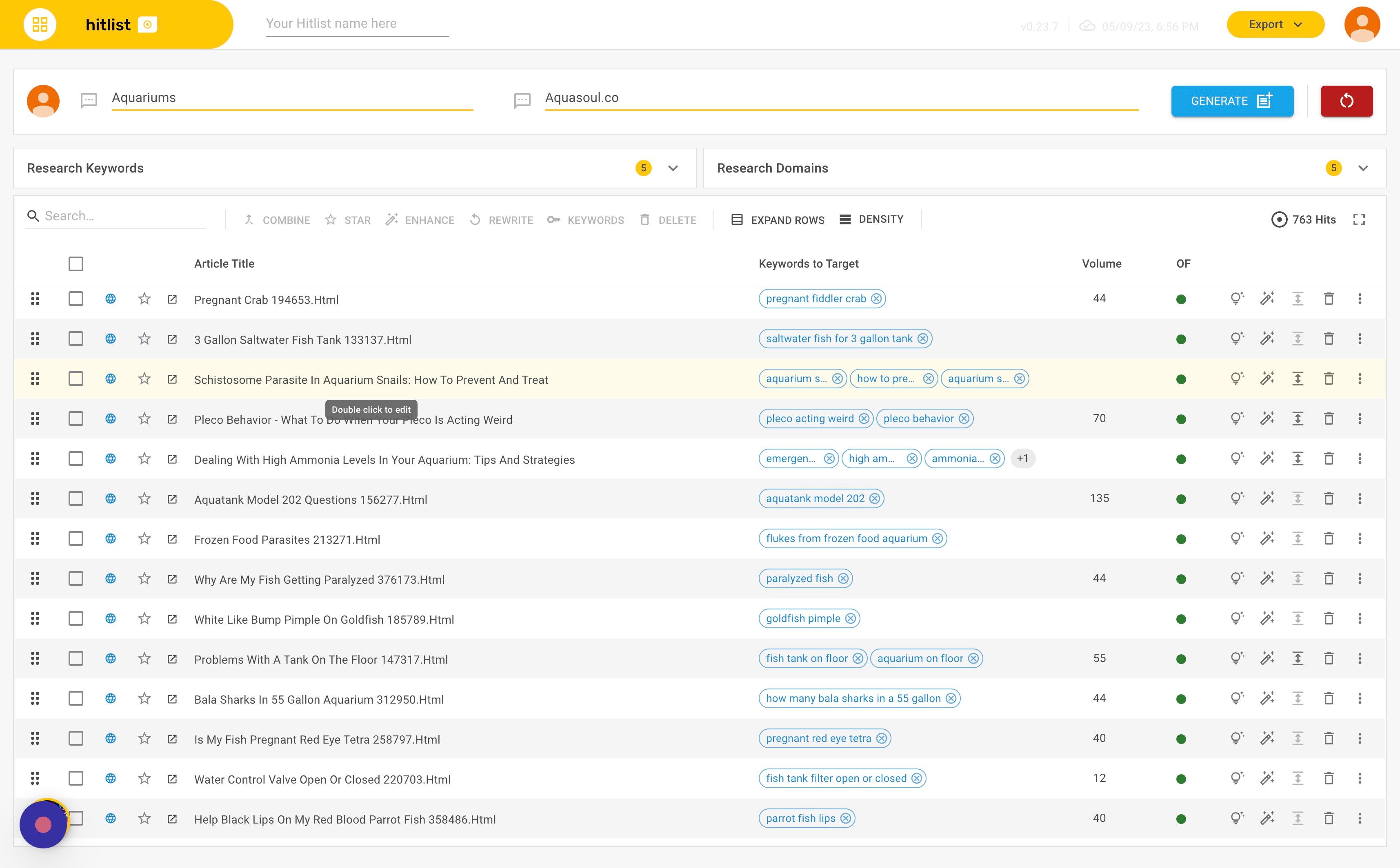 Screenshot of: Not only will your articles be rewritten but hitlist.ai will also find keywords for you.