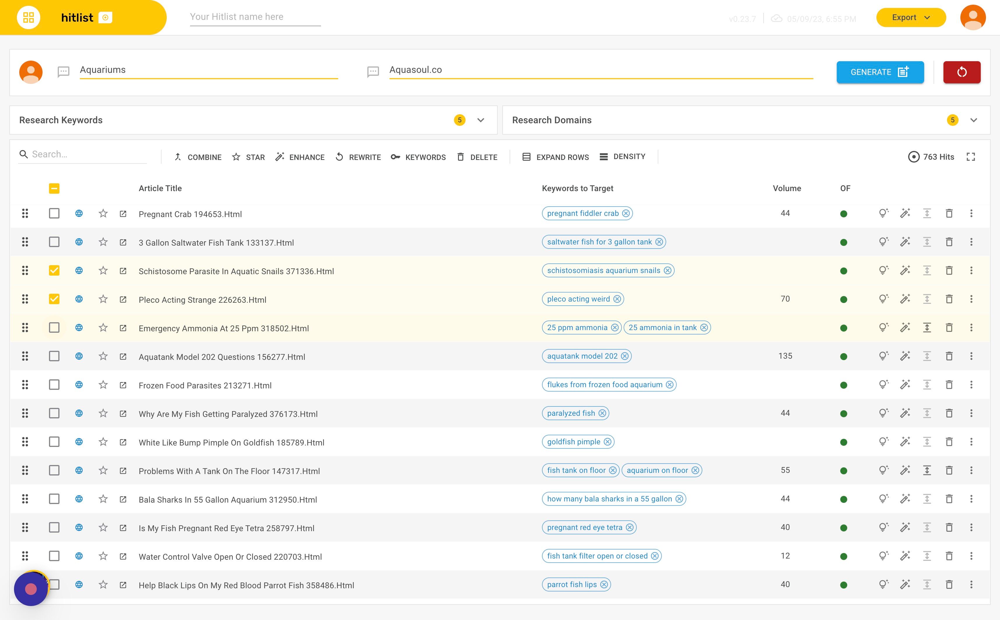Screenshot of: Use the checkboxes on the left-hand side of each row to select the article title you would like rewritten.