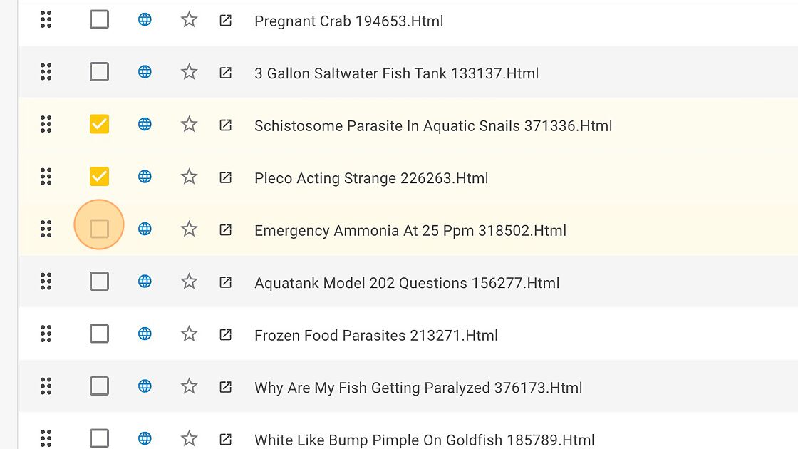 Screenshot of: Use the checkboxes on the left-hand side of each row to select the article title you would like rewritten.