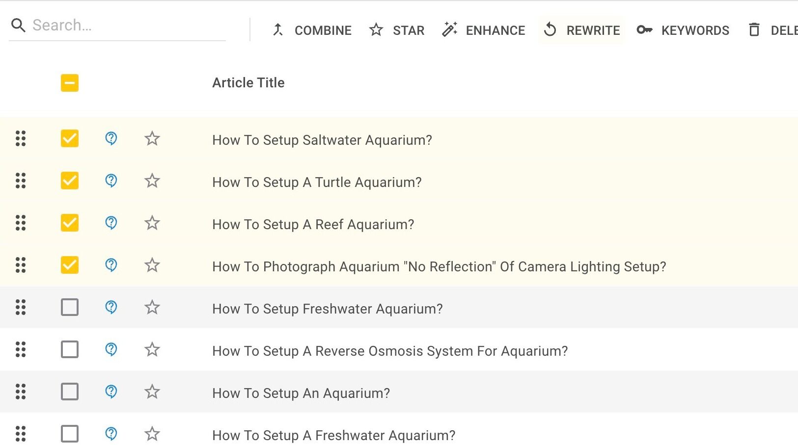 Screenshot of: Click the "REWRITE" button in the toolbar at the top of the article list.