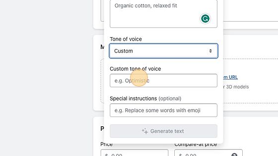 Screenshot of: Click the "Custom tone of voice" field.