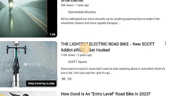 Screenshot of: Click "THE LIGHTEST ELECTRIC ROAD BIKE - New SCOTT Addict eRIDE - Get Hooked"