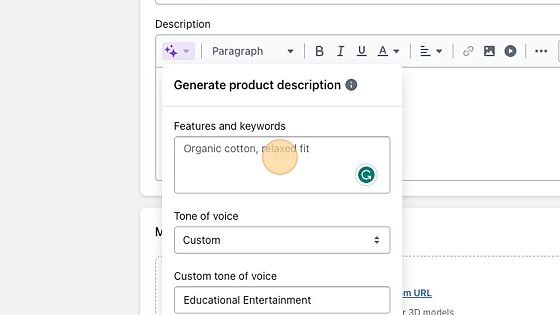 Screenshot of: Click the "Features and keywords" field.