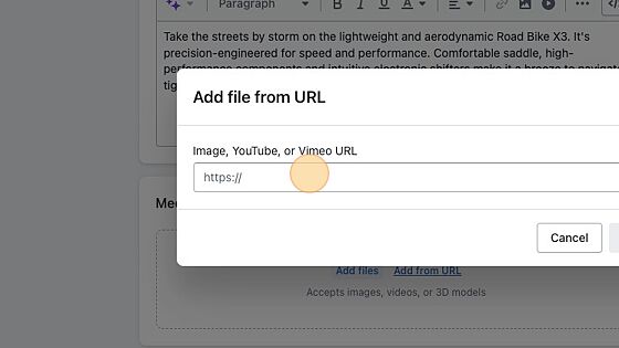 Screenshot of: Click the "Image, YouTube, or Vimeo URL" field.