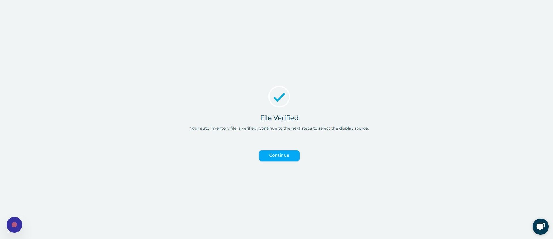 Screenshot of: Click "Your auto inventory file is verified. Continue to the next steps to select the display source."
