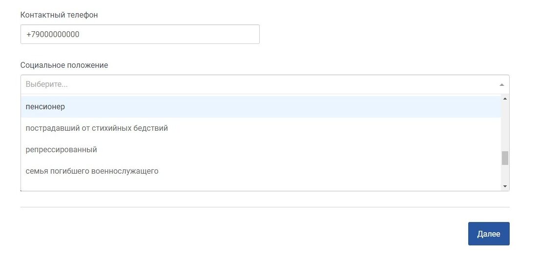 Screenshot of: Например, социальное положение - "пенсионер". 