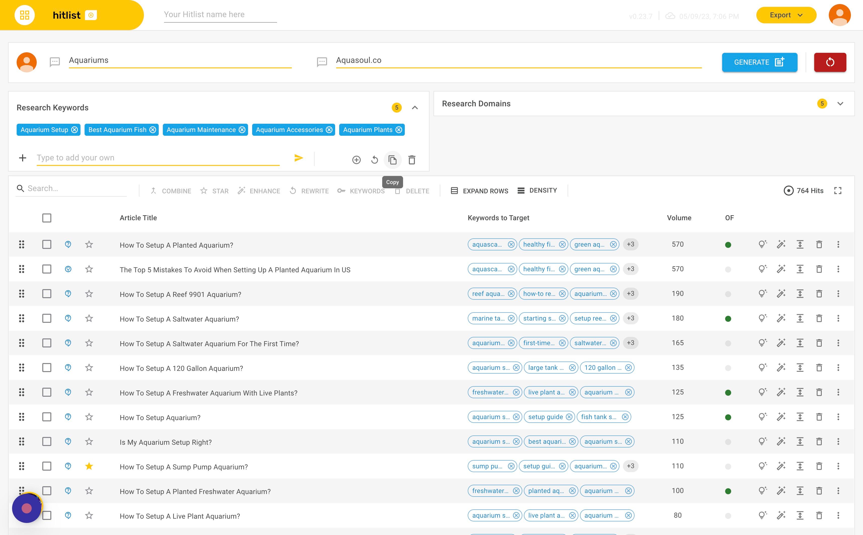 Screenshot of: The "Research Keywords" bar will open. Now, navigate to the icons in the right-hand bottom corner of the bar and click the copy icon. Your research keywords will be copied and you can now paste them where you need to.