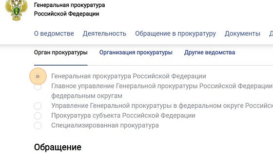 Screenshot of: Выберите ведомство. Например, "Генеральная прокуратура Российской Федерации".