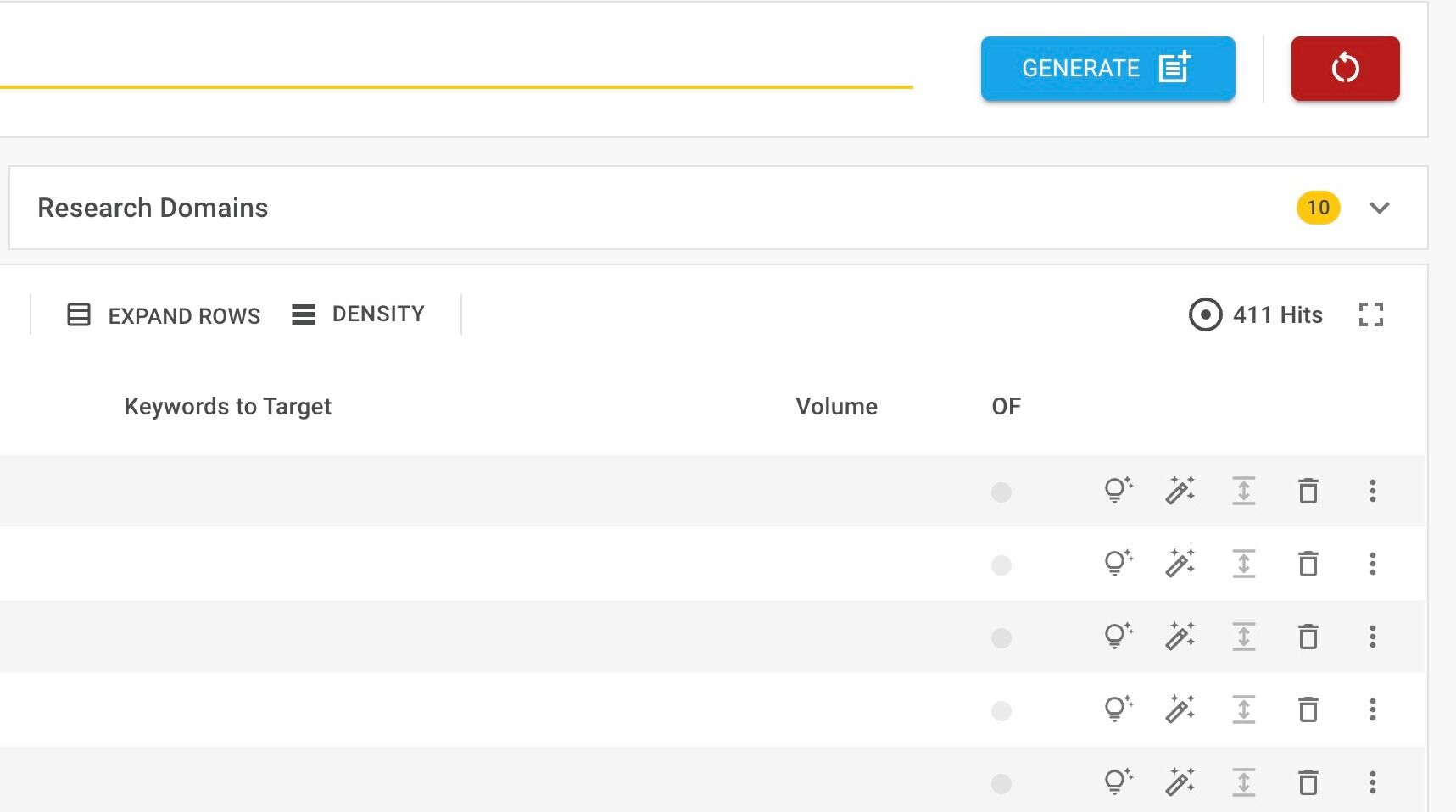 Screenshot of: Start by opening the "Research Domains" bar by using the arrow icon on the right-hand side of the bar. 
