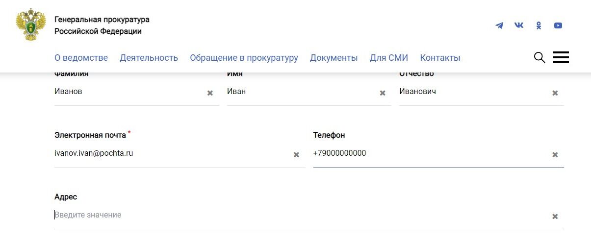 Screenshot of: Дополнительно можете указать Ваш номер телефона и адрес. 