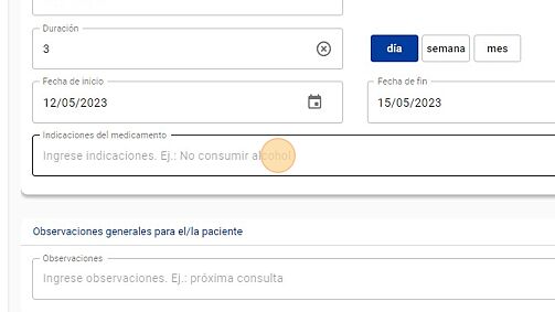 Screenshot of: Ingrese Indicaciones del medicamento (dirigidas al paciente) y Observaciones generales para el paciente, si corresponde