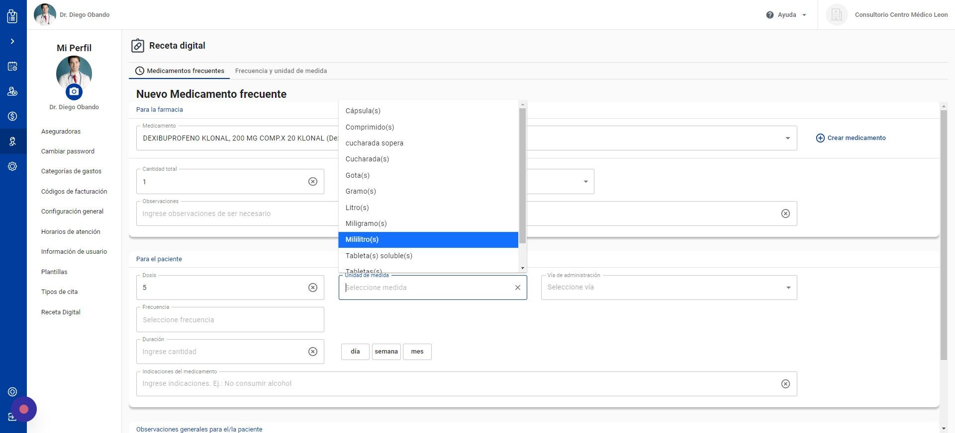 Screenshot of: Seleccione la medida de la toma del medicamento