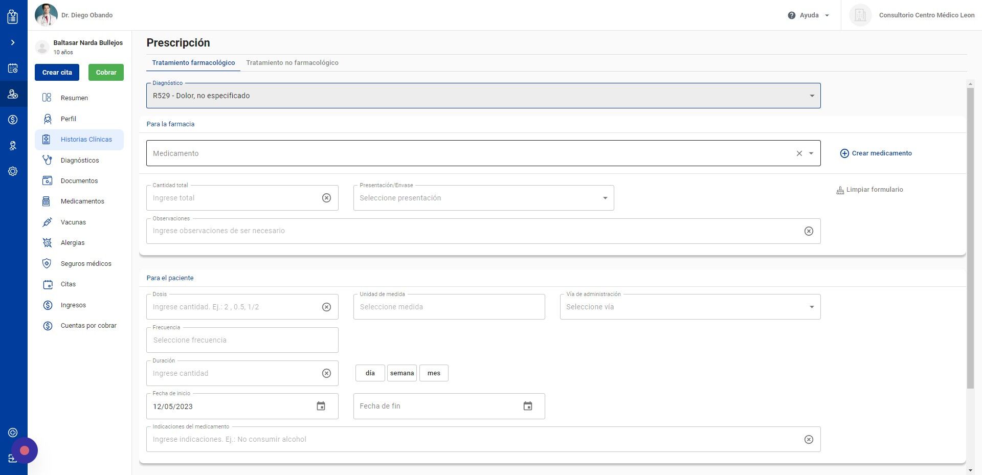 Screenshot of: Haga click en "Medicamento" y seleccione el medicamento