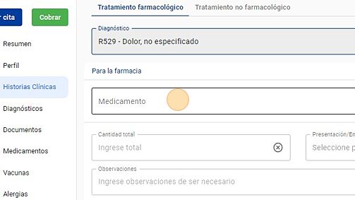 Screenshot of: Haga click en "Medicamento" y seleccione el medicamento