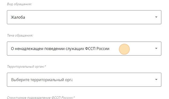 Screenshot of: Например, "О ненадлежащем поведении служащих ФССП России".