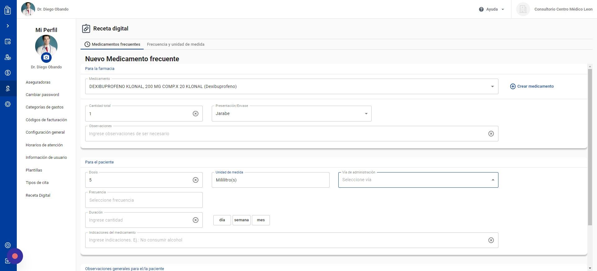 Screenshot of: Haga click en Vía de administración