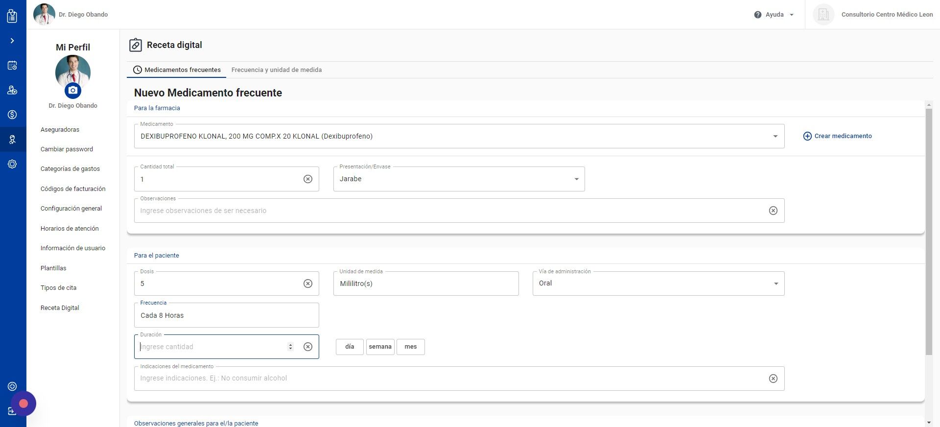 Screenshot of: Haga click en "Duración" e ingrese la cantidad de tiempo de la toma del
medicamento