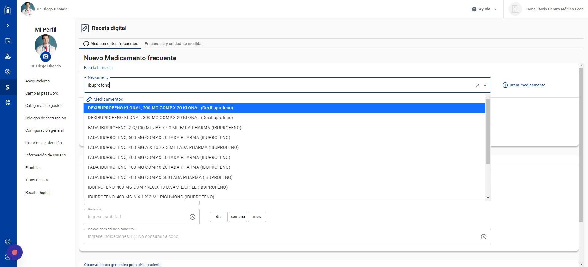 Screenshot of: Seleccione el medicamento