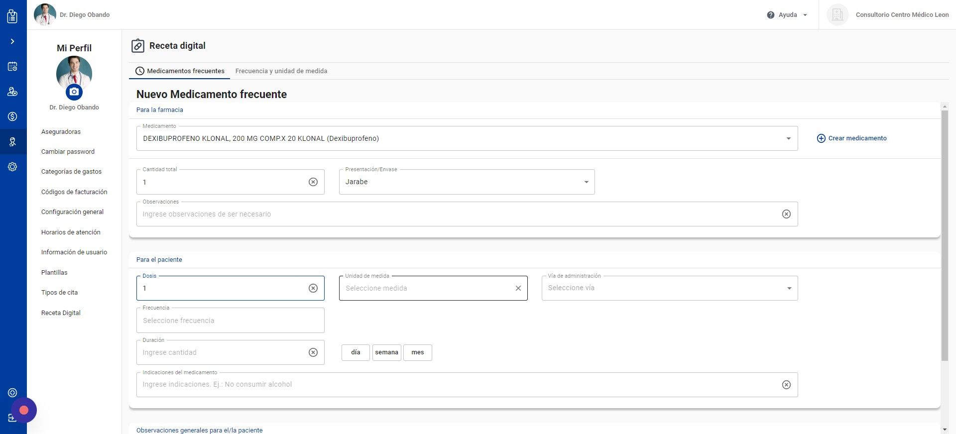Screenshot of: Haga click en Unidad de medida