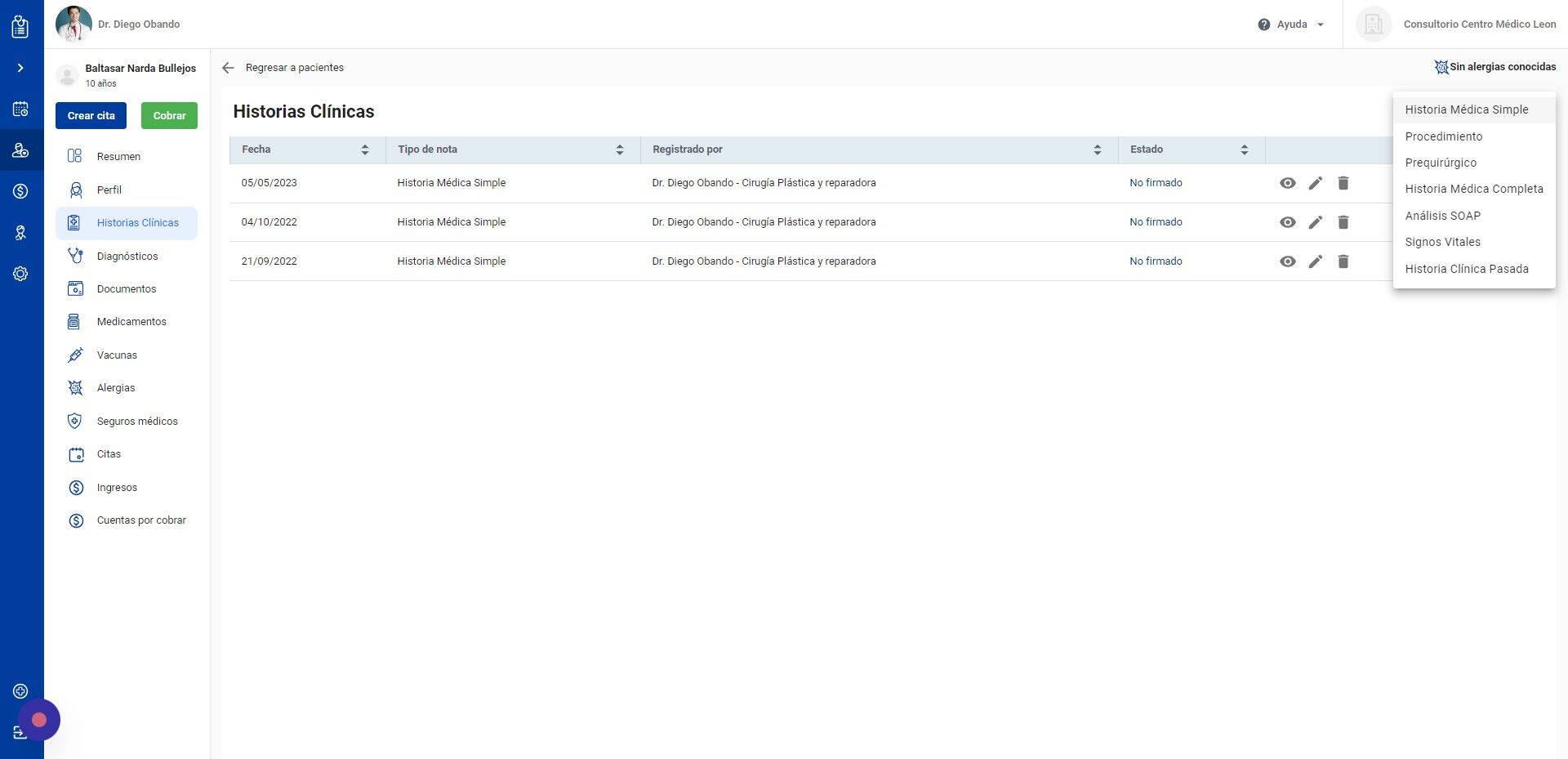 Screenshot of: Seleccione "Historia Médica Simple" o el tipo de nota de su preferencia