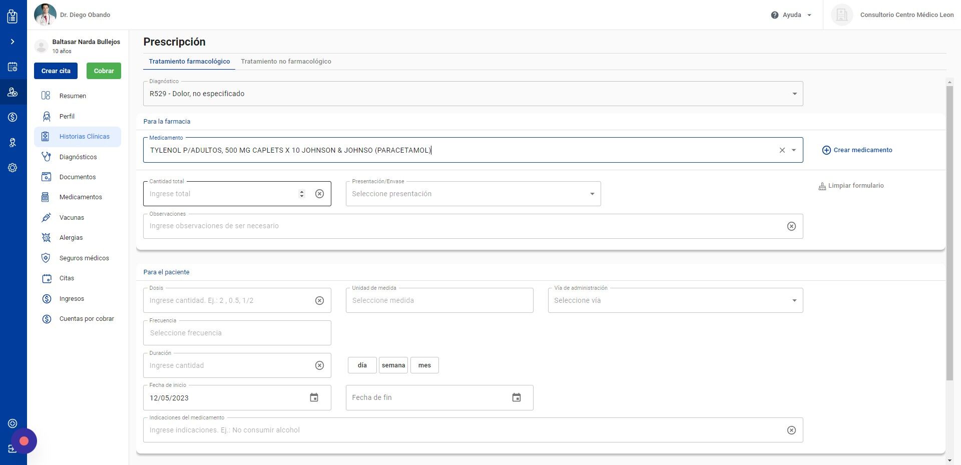 Screenshot of: Ingrese la cantidad total del medicamento