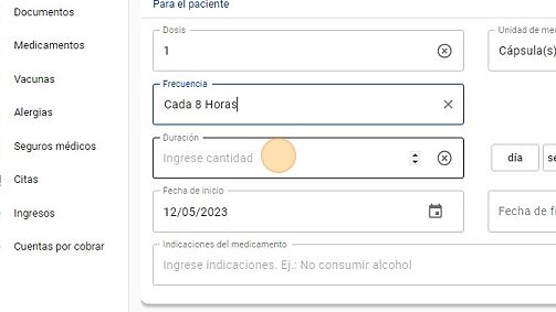 Screenshot of: Haga click en "Duración" e ingrese la cantidad de tiempo de la toma del medicamento