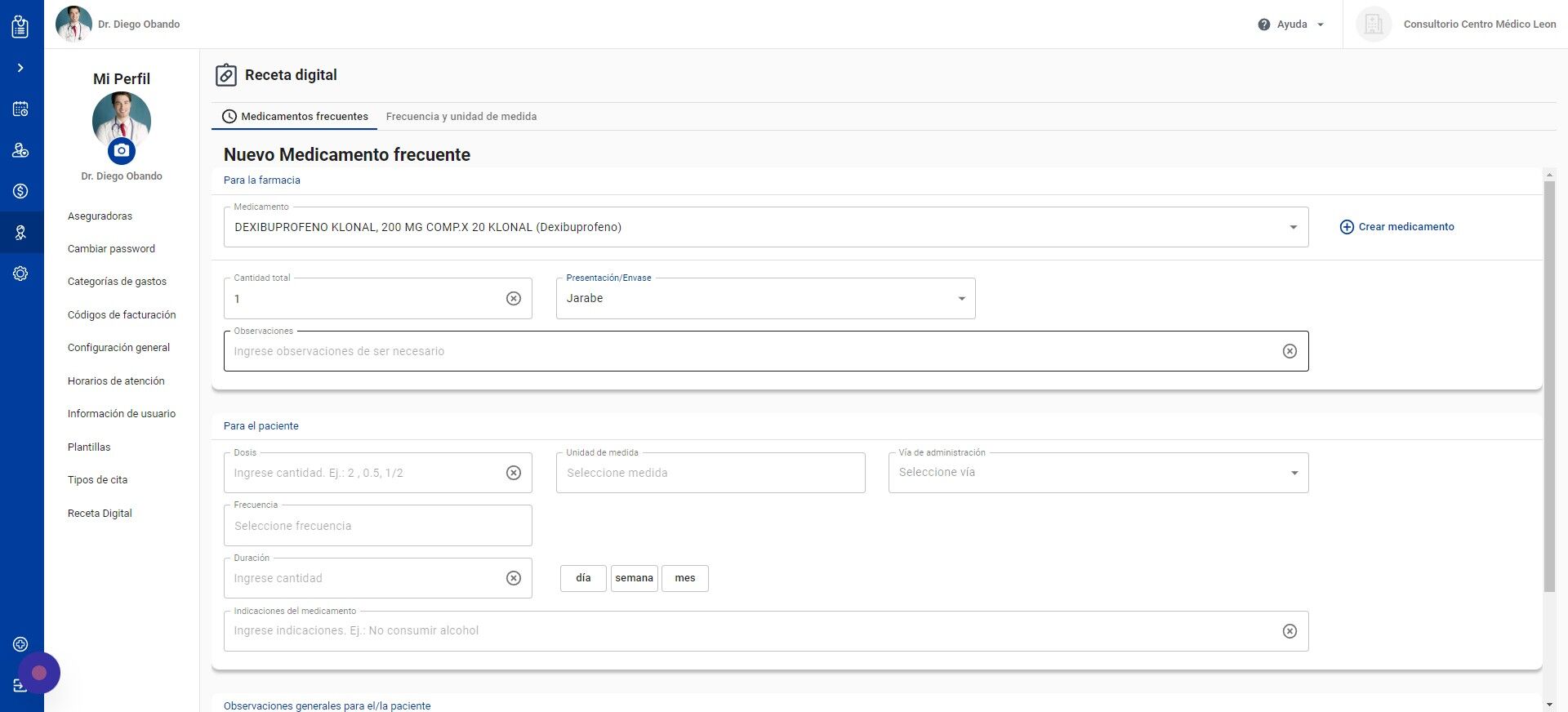 Screenshot of: Agregue observaciones del medicamento para la farmacia, si corresponde
