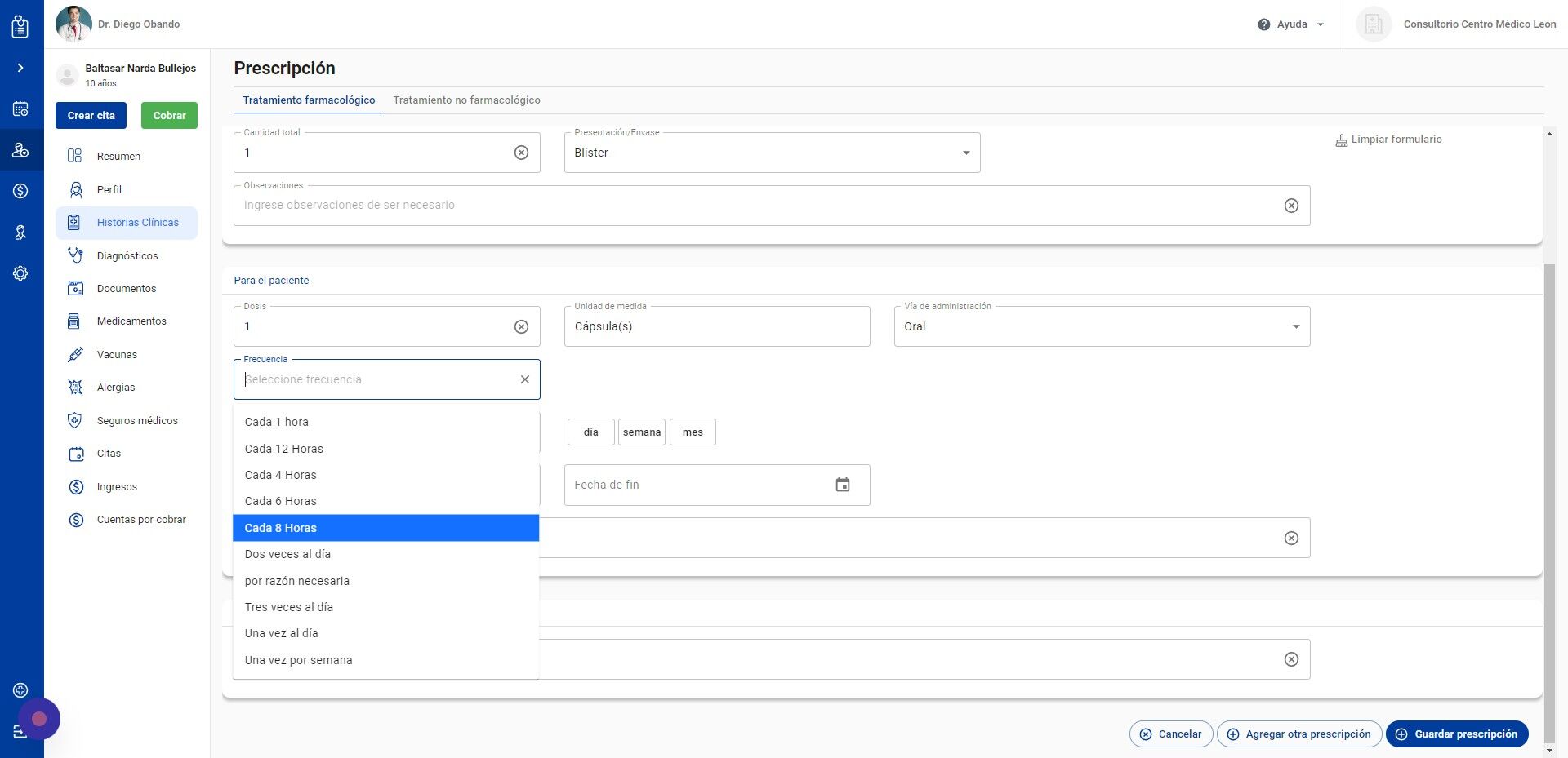 Screenshot of: Seleccione la frecuencia de la toma del medicamento. Si es que no existiera la frecuencia de su necesidad, puede también crearlo haciendo click en "Agregar"