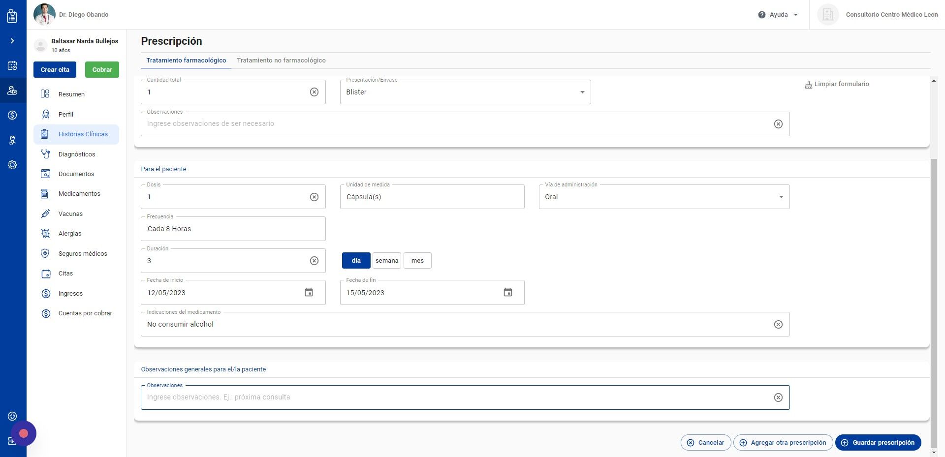 Screenshot of: Si desea añadir un tratamiento no farmacológico, haga click "Tratamiento no farmacológico"