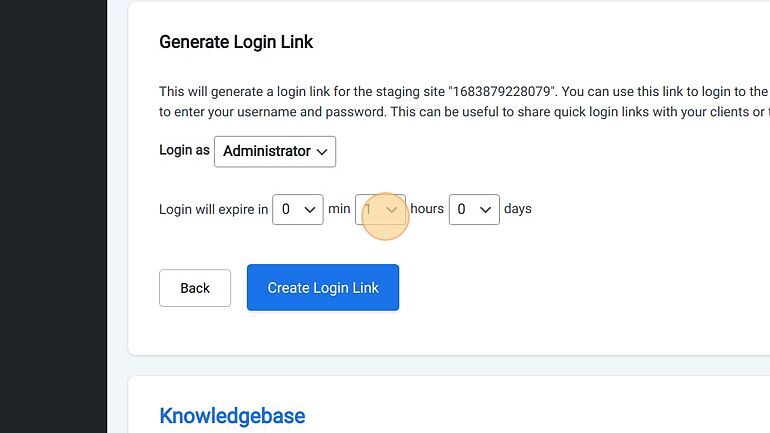 Screenshot of: Select the login link expiration time